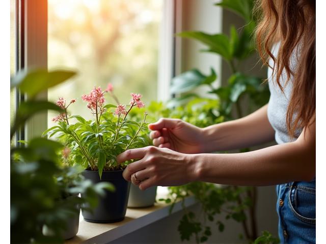日当たりの良い室内で植物の世話をする人影